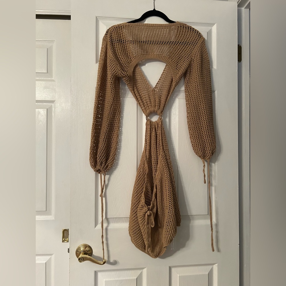 Tan Crochet Long Sleeve Knit Swim Beach Crochet Dress Cover Up - Picture 3 of 10